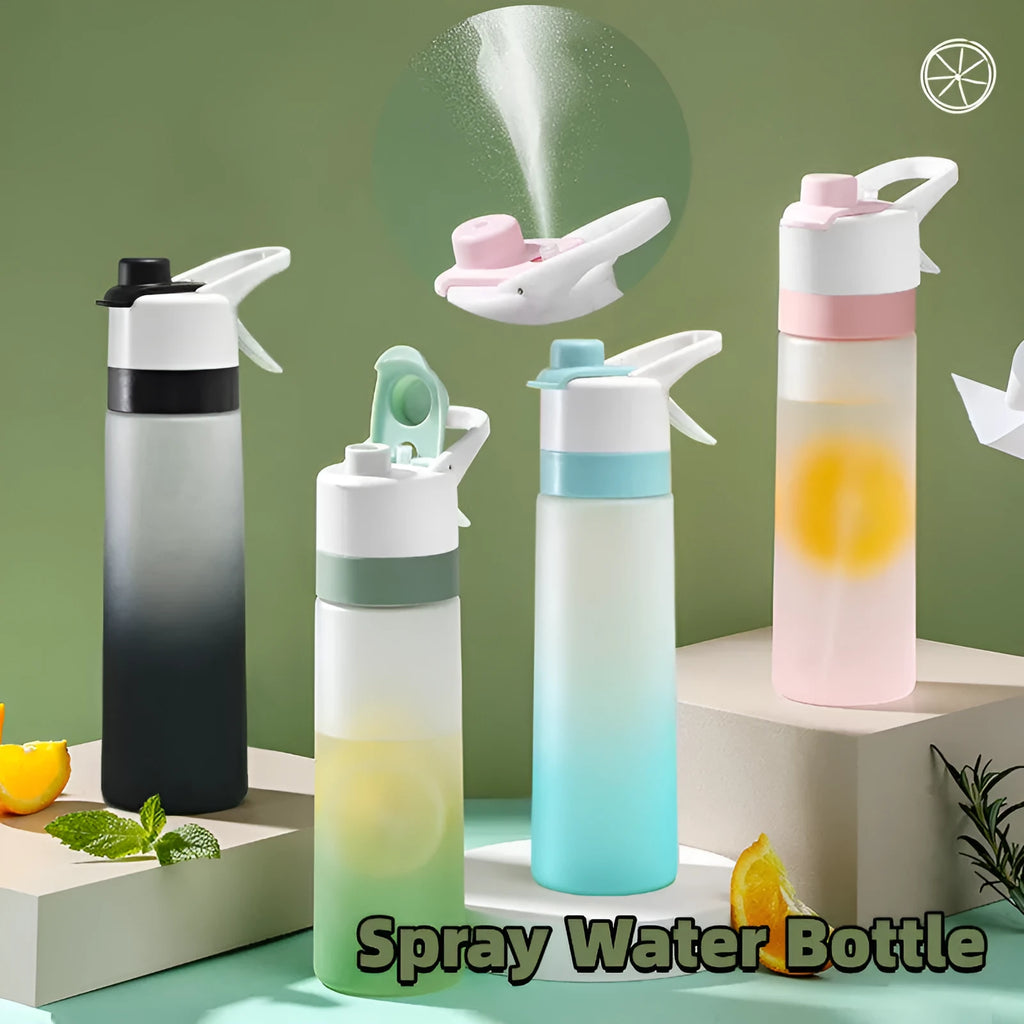 Large plastic spray water bottle with handle strap and leakproof lid in multiple colour options