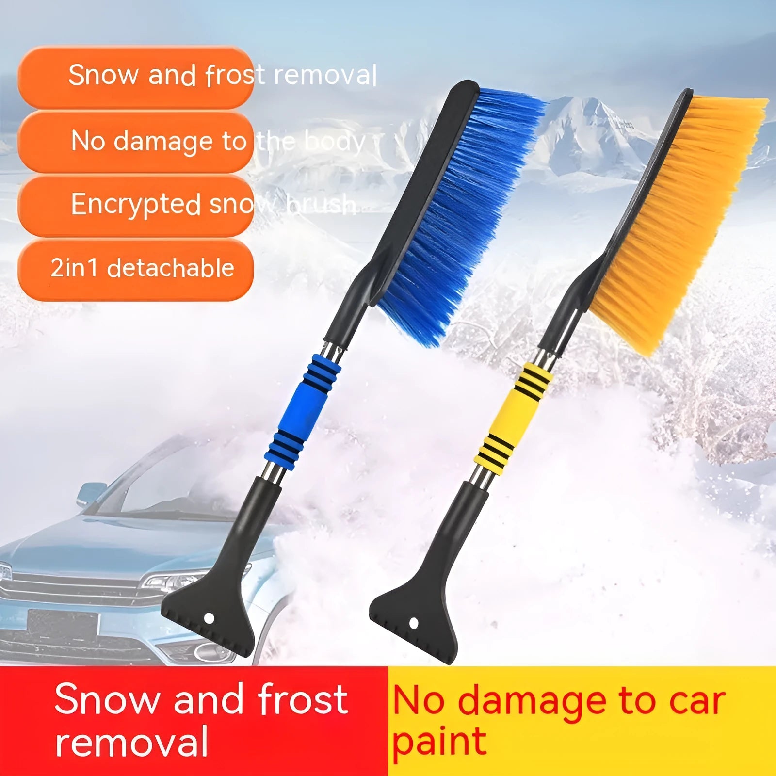 Blue and yellow telescopic car snow brushes with ice scrapers for winter vehicle clearing