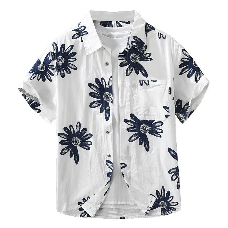 Printed short sleeve shirt in cotton blend fabric showing loose fit and cardigan style design