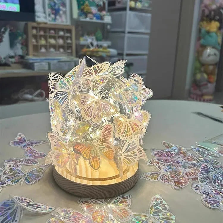 Handmade butterfly night lamp with glass shade on raw wood base, 12x15cm dimensions