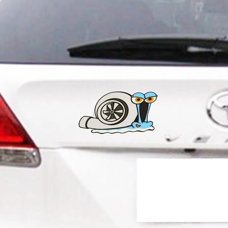 White reflective car sticker with cartoon snail design measuring 12x8cm for bumper application