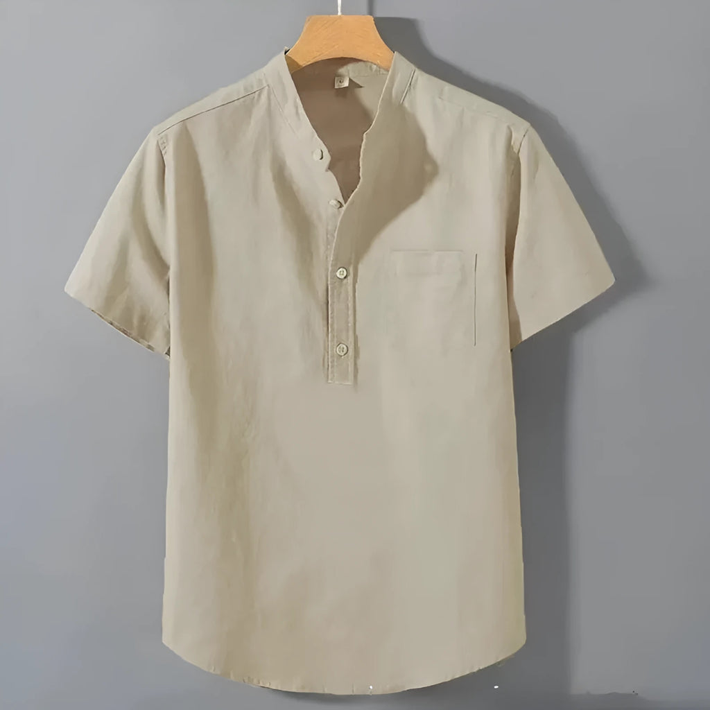 Men's loose fit casual linen shirt in slub cotton fabric with short sleeves