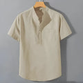 Men's loose fit casual linen shirt in slub cotton fabric with short sleeves