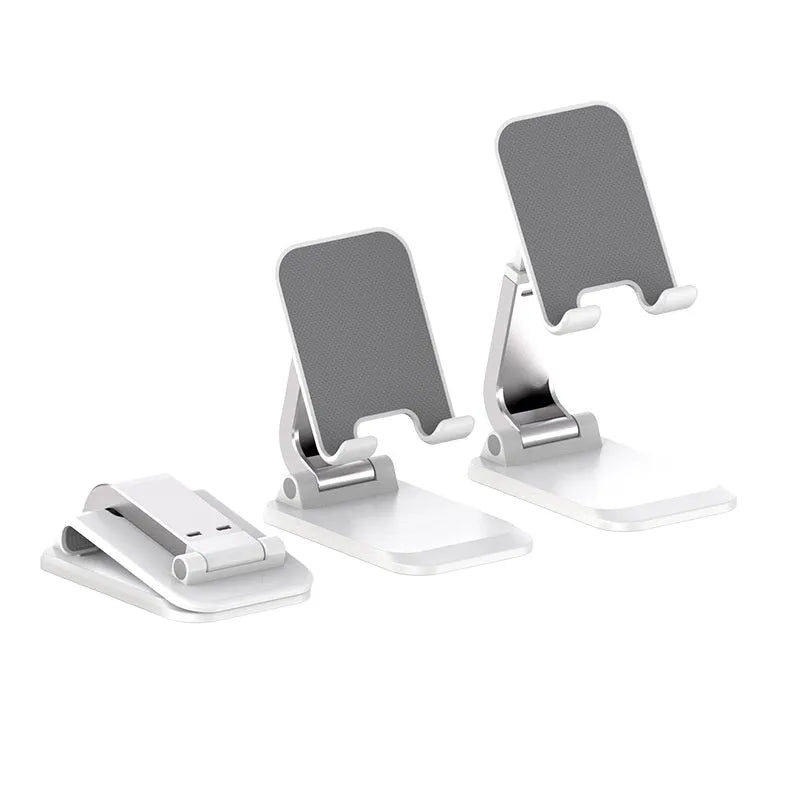 Folding portable mobile phone desktop stand in four colour options showing ABS and aluminum construction