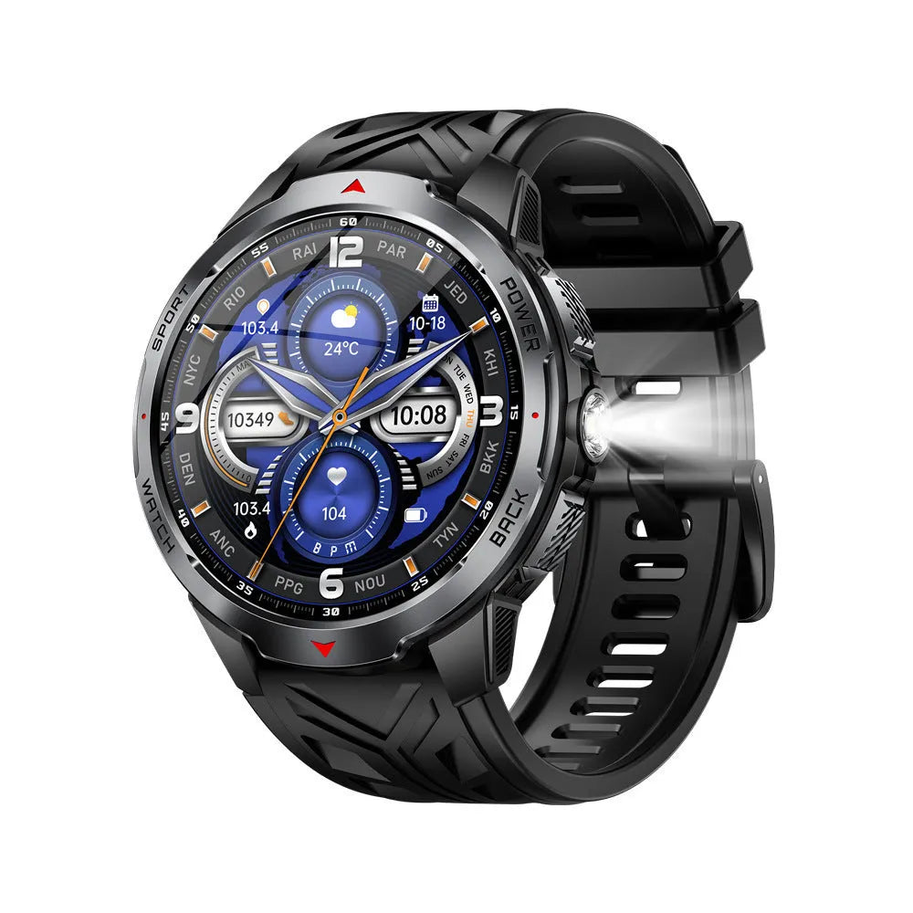 Smart watch with Bluetooth calling, heart rate and blood oxygen monitor, flashlight, TFT screen, black or silver, silicone strap