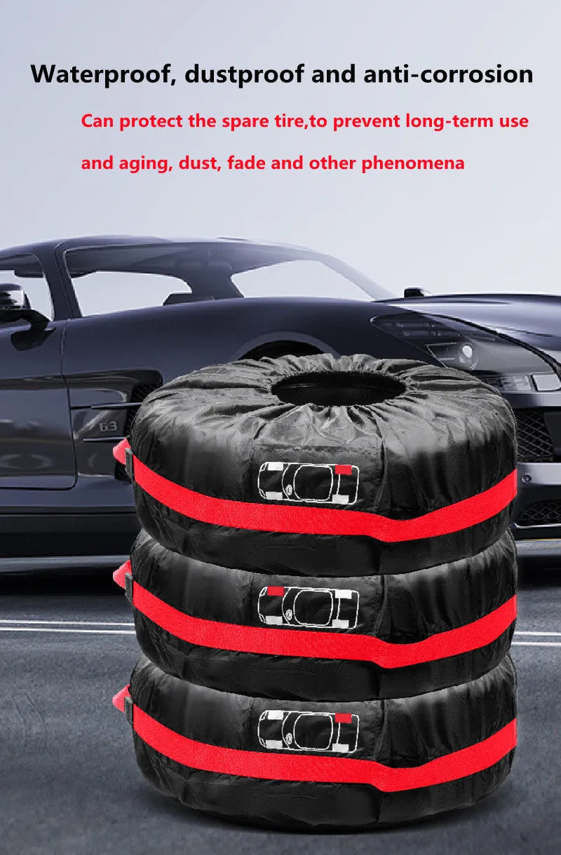 Set of four Oxford Cloth polyester car tyre protective covers in Black Belt and Red Belt styles, shown in S and L sizes.