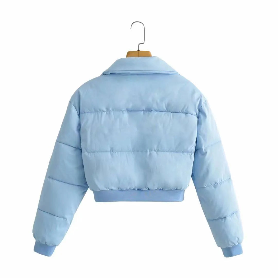 Blue loose-fit polyester jacket for women with long sleeves, shown alongside grey, black, and beige colour options.
