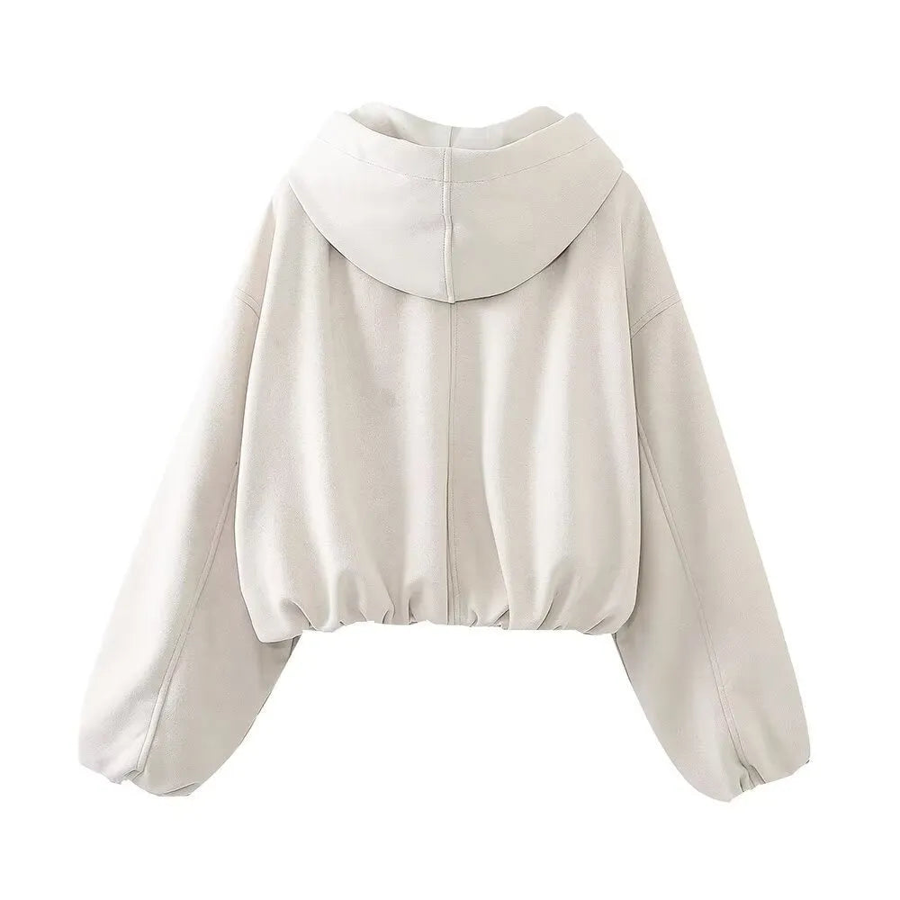 Women's black suede hooded jacket casual outerwear shown front view