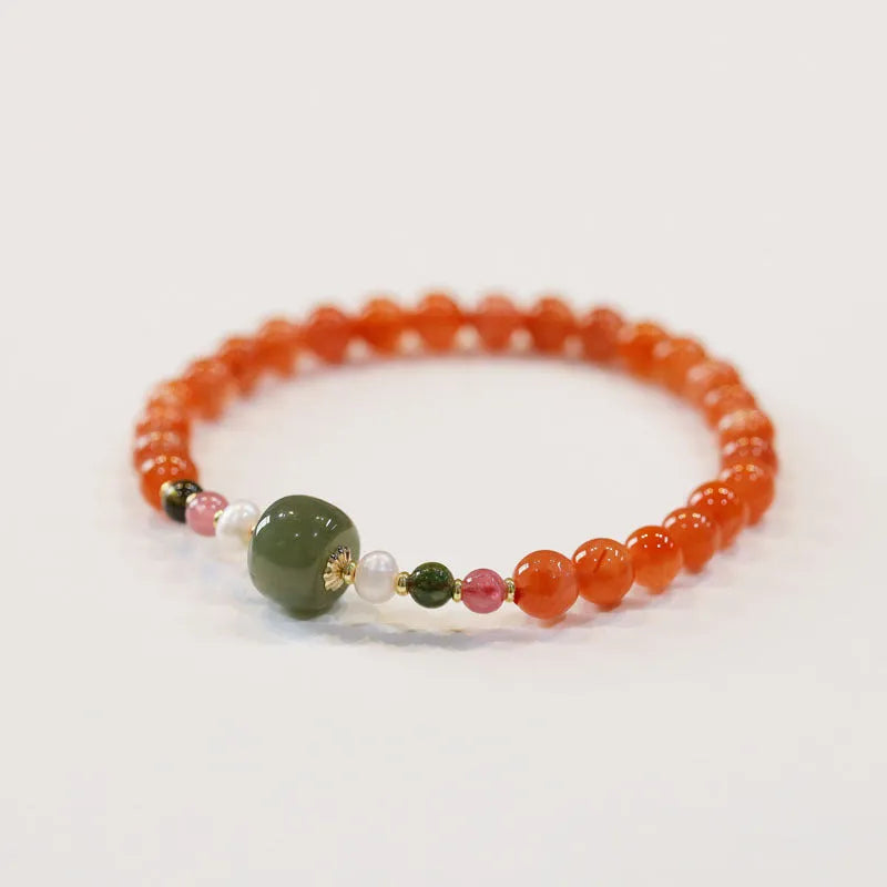 Natural Southern red agate women's bracelet with cherry red colour and polished round beads in ethnic retro style