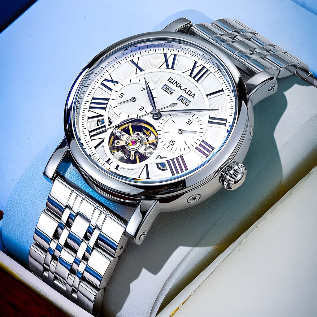 Men's automatic waterproof watch with stainless steel band in business styling
