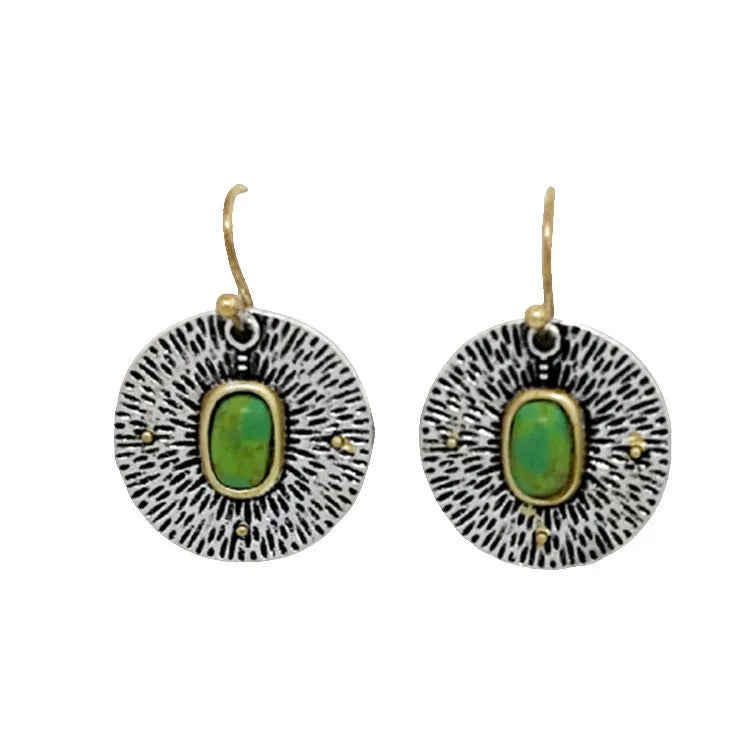 Retro turquoise colour separation earrings with antique silver electroplated finish and alloy construction