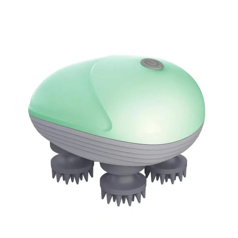 Blue handheld electric pet massager with rotating heads for cats and dogs on a grey background.