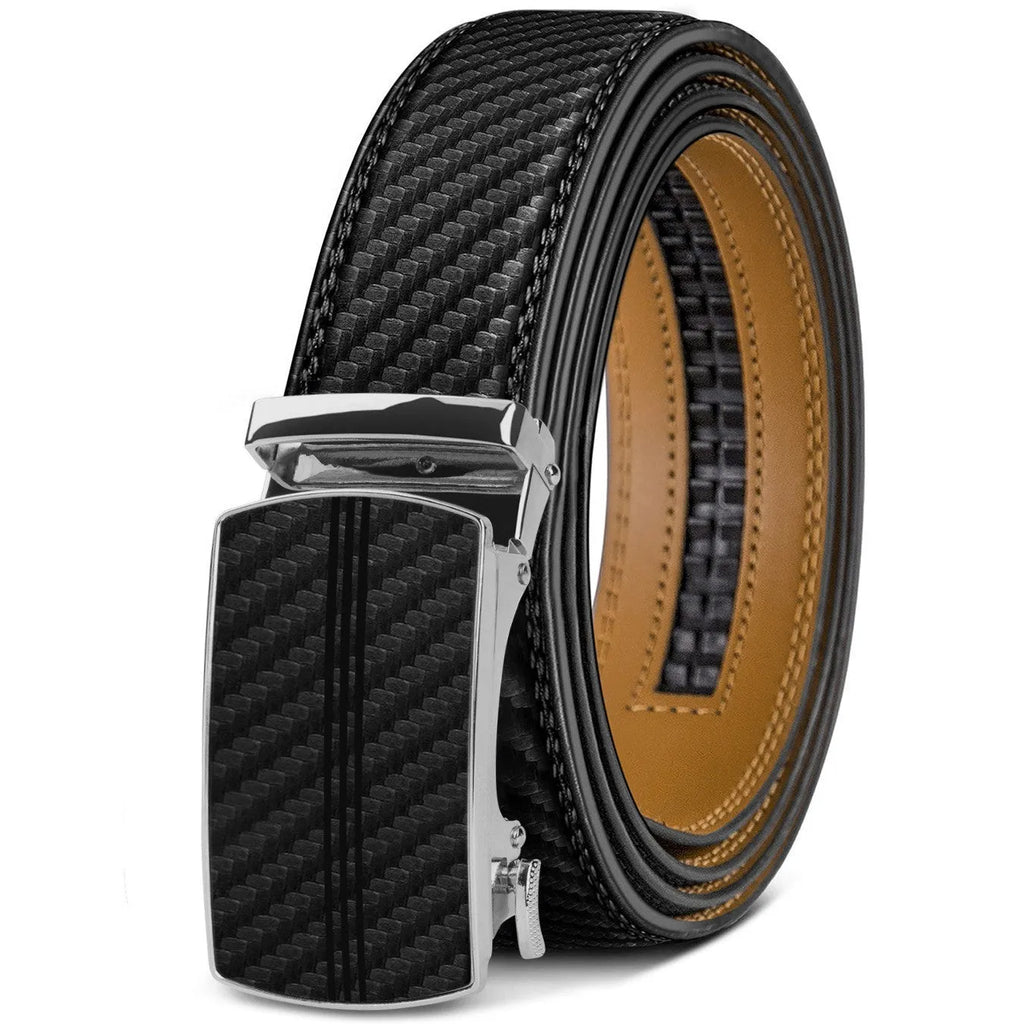 Men's PU leather belt with an automatic alloy buckle in an embossed finish.
