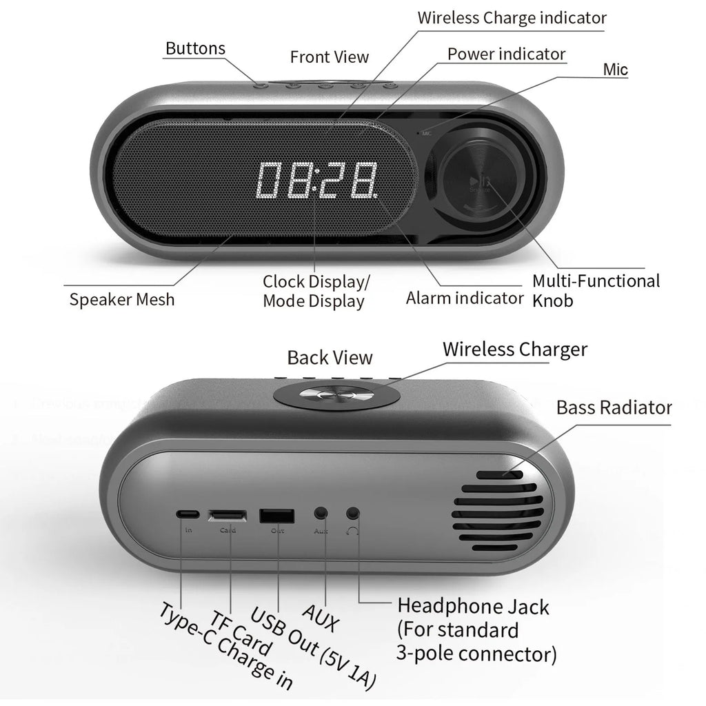 Space grey wireless charging alarm clock with Bluetooth speaker and LED display.