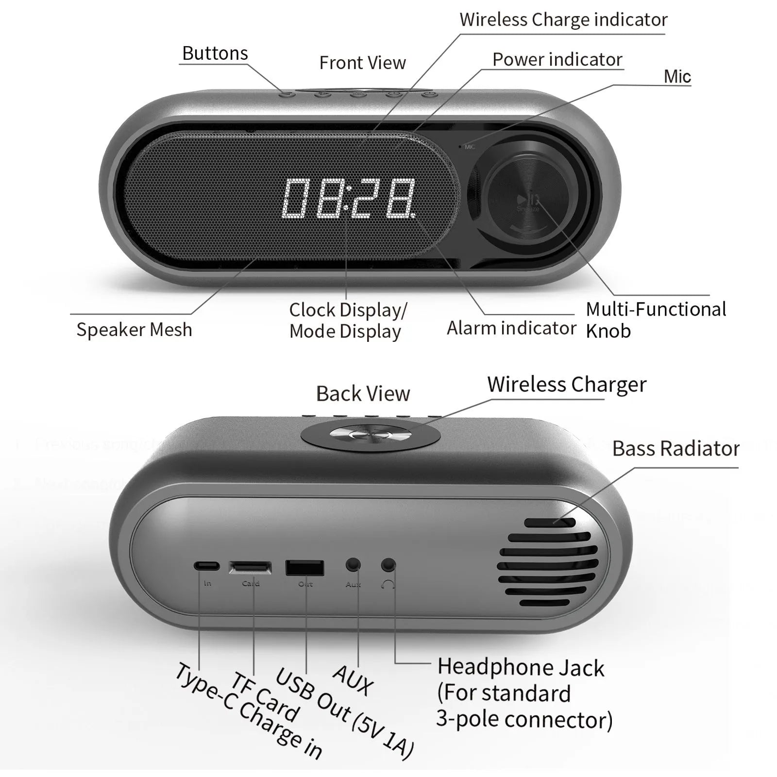 Space grey wireless charging alarm clock with Bluetooth speaker and LED display.