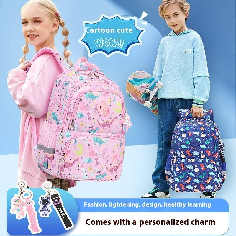 Children's waterproof school backpack with spine protection in sapphire blue dinosaur colour with curved shoulder straps