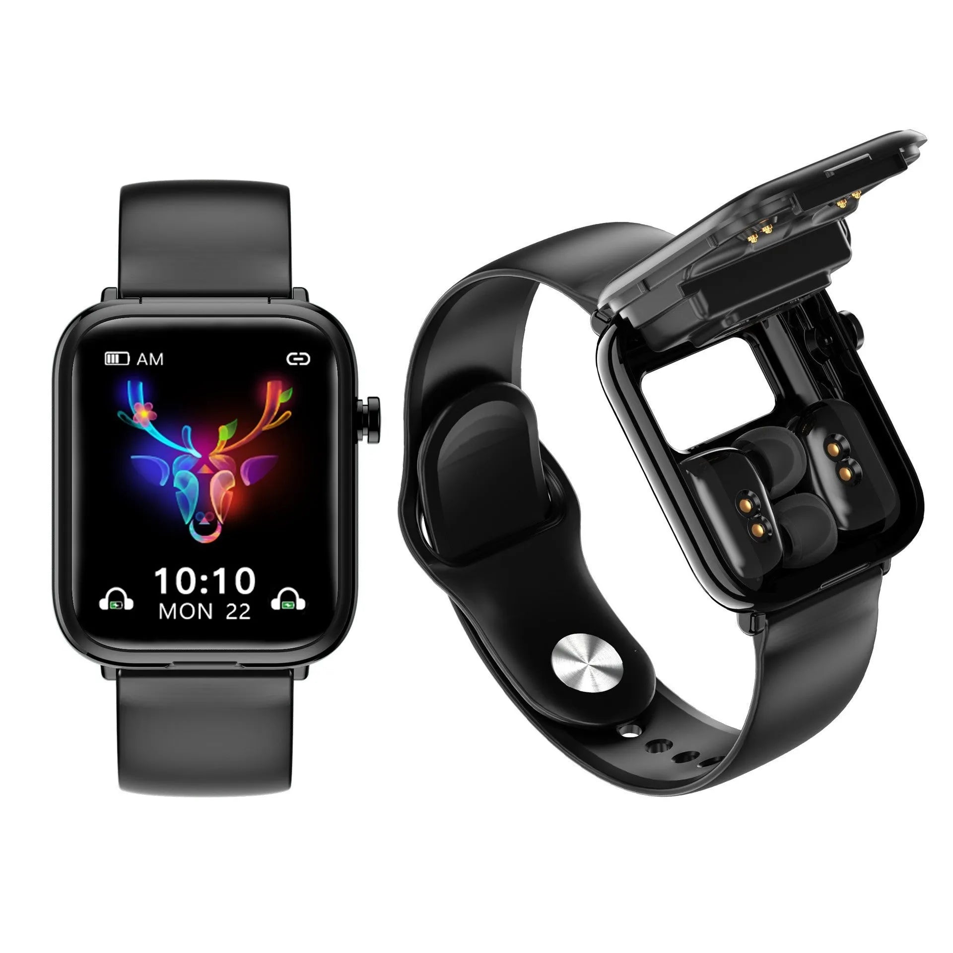 Black smart watch with 1.69-inch touch screen and zinc-aluminium alloy body showing fitness metrics display
