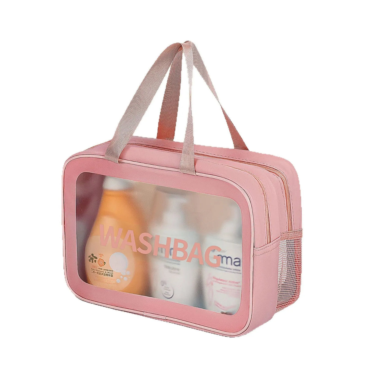 Three-piece PVC wash bag set in transparent beige, white, black, pink and blue with large, medium and small sizes