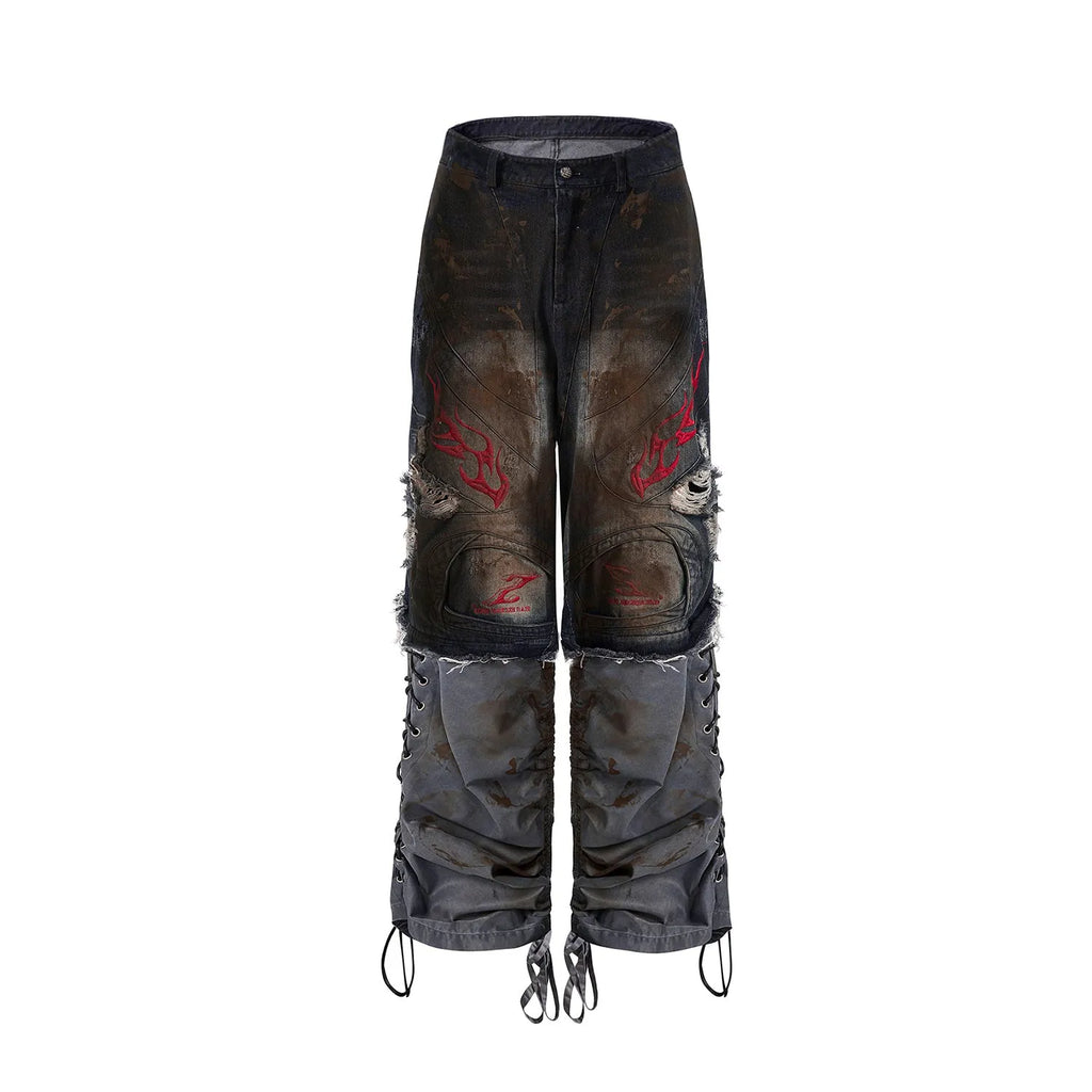 Men's retro wide-leg jeans with detachable trouser legs showing convertible feature and mid-high waist design