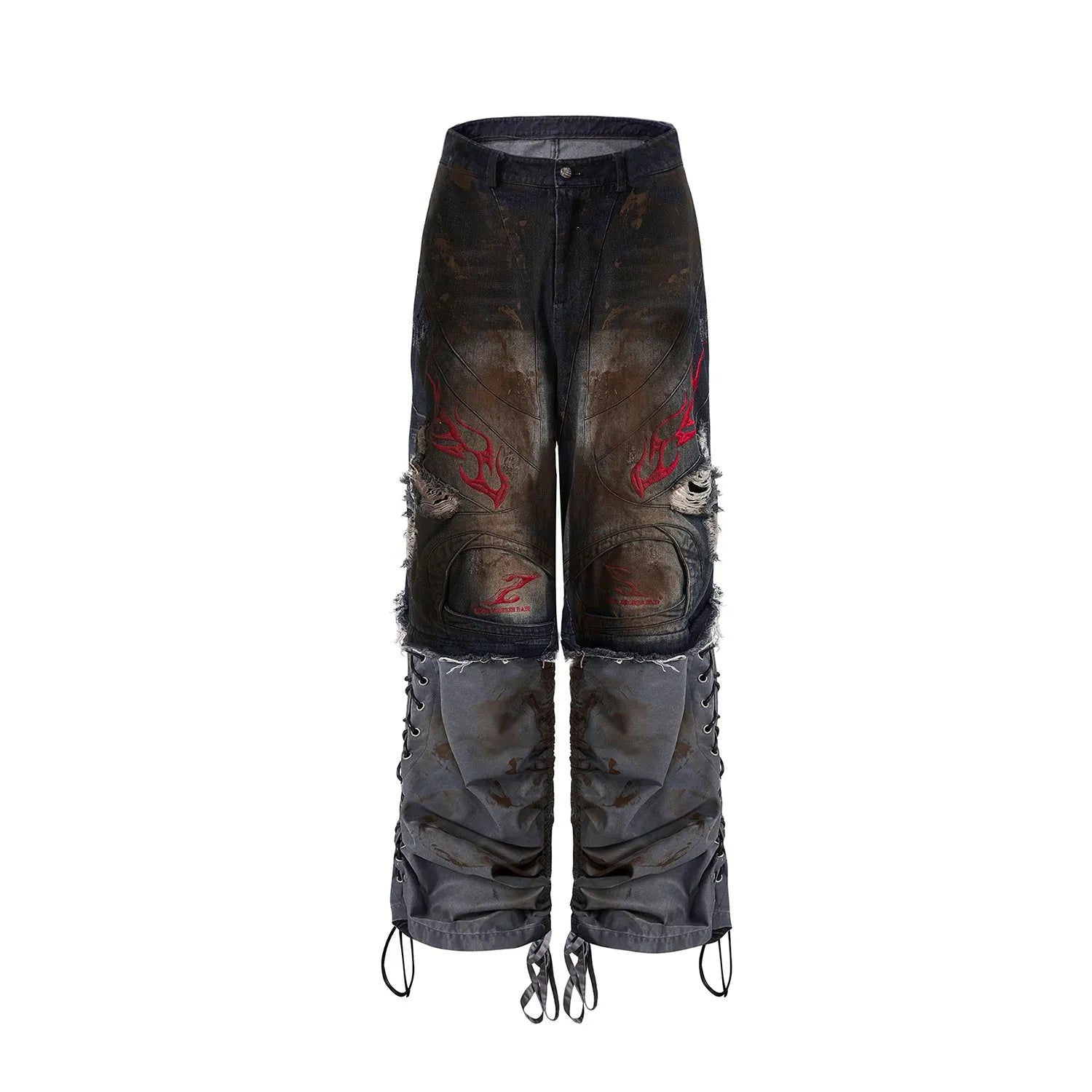 Men's retro wide-leg jeans with detachable trouser legs showing convertible feature and mid-high waist design