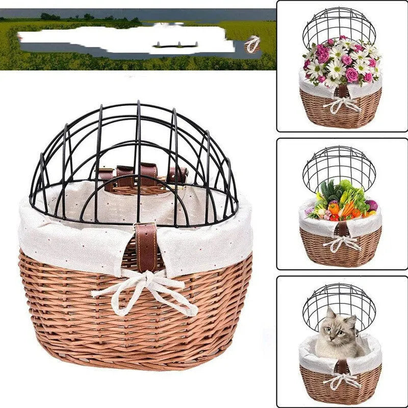 Honey colour wicker bicycle front handle basket, medium size, used as a pet seat for a cat or dog on a road bike