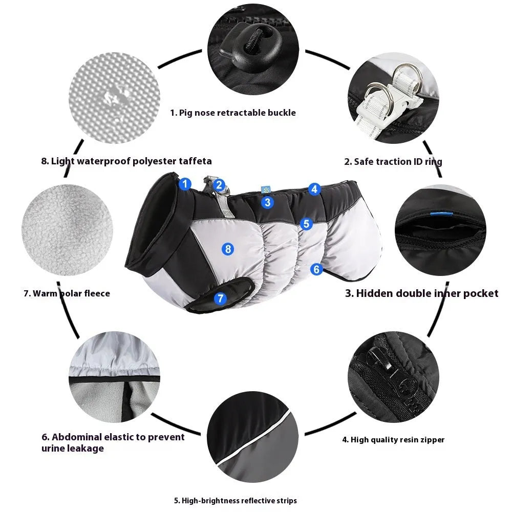 Large dog waterproof winter coat with reflective strips in polar fleece, available in multiple sizes and colours
