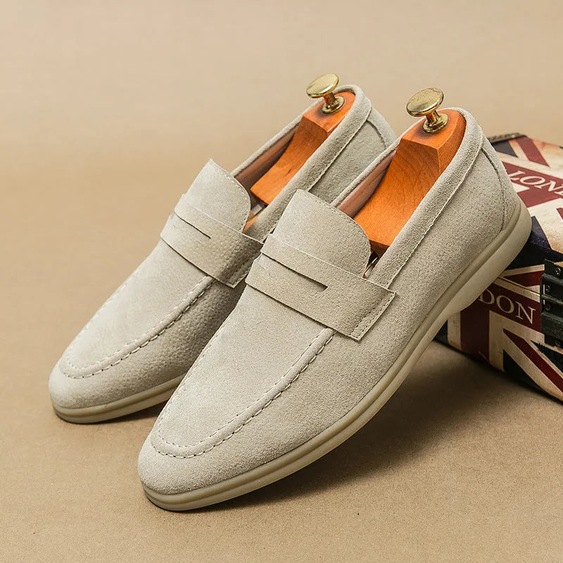 Men's slip-on leather shoes in beige with round toe and 3-5cm heel, showing two-layer cowhide upper
