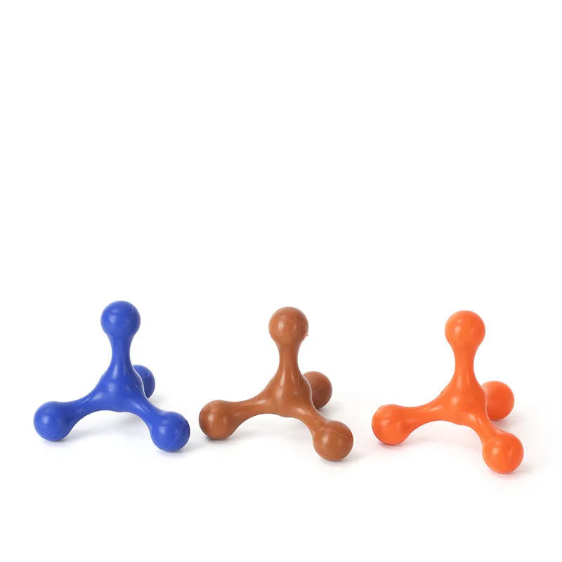 Blue three-legged silicone teething toy for puppies measuring 9.5cm with beef flavour coating