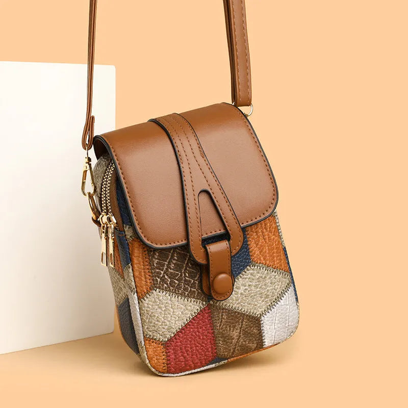 Vertical PU crossbody pouch in irregular blue brown with sandwich pocket and single shoulder strap