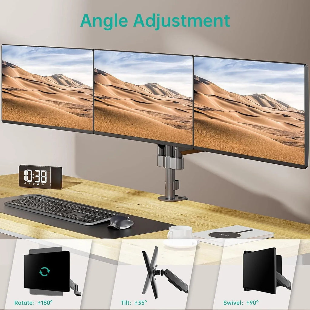 Black three-arm gas spring monitor mount holding 27-inch screen with 360-degree rotation capability