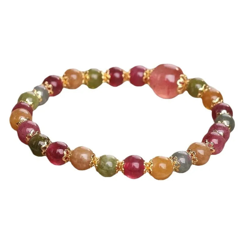 Colourful tourmaline strawberry quartz women's bracelet with 6mm round beads