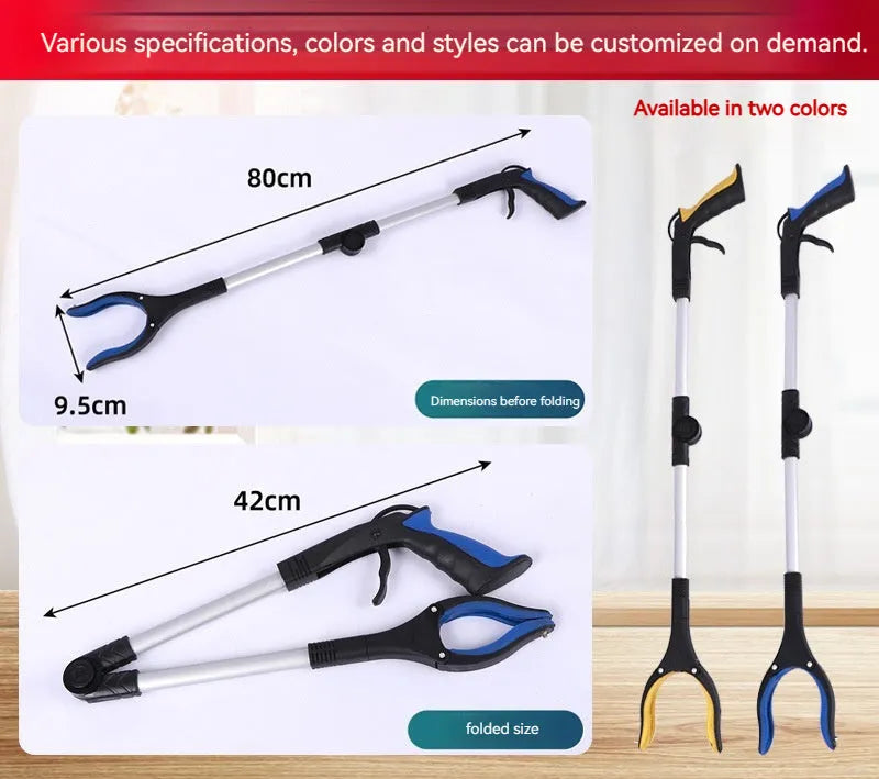 Foldable aluminium alloy pick-up clamp extended to 80cm with magnet sucker, showing blue handle option