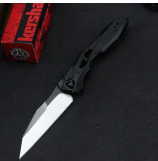 Black folding fruit knife with D2 steel blade and aluminium handle showing 19cm length
