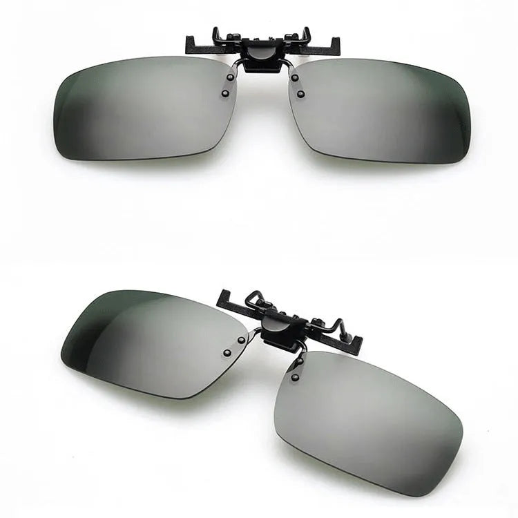 Clip-on myopia sunglasses showing PC lens in choice of grey, dark green or night vision tint, designed for driving and outdoor sports.