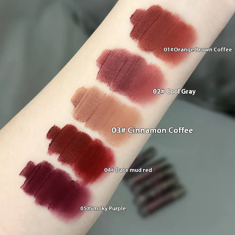 Lava Secret Matte Lip Mud Lipstick in 3.2g tube with five colour options showing transfer-resistant technology