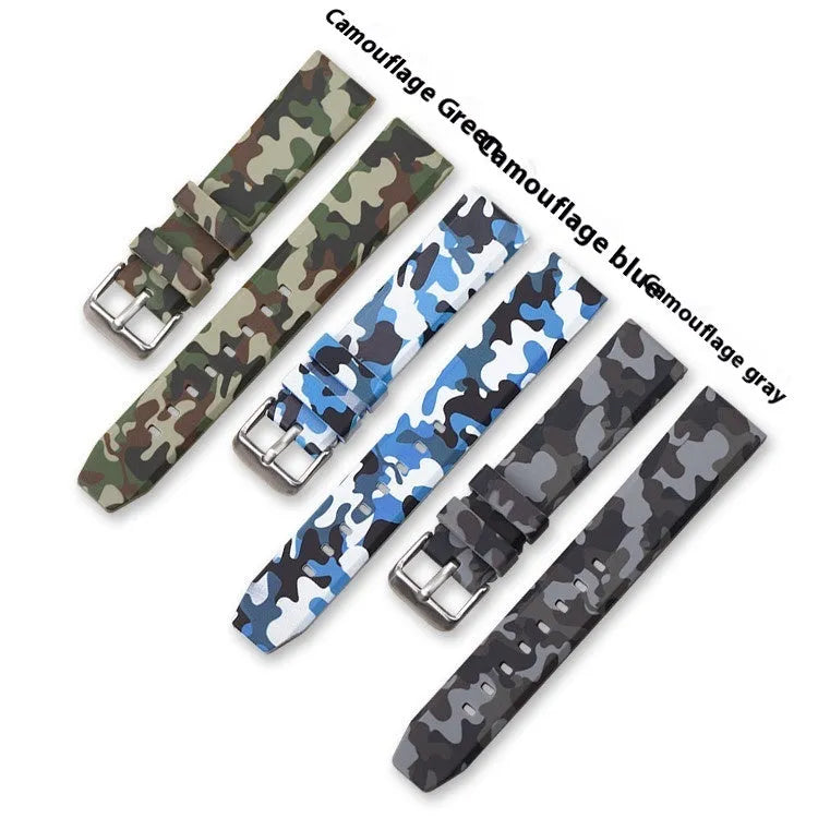 Camouflage silicone watch strap in blue, gray, or green with universal flat head design