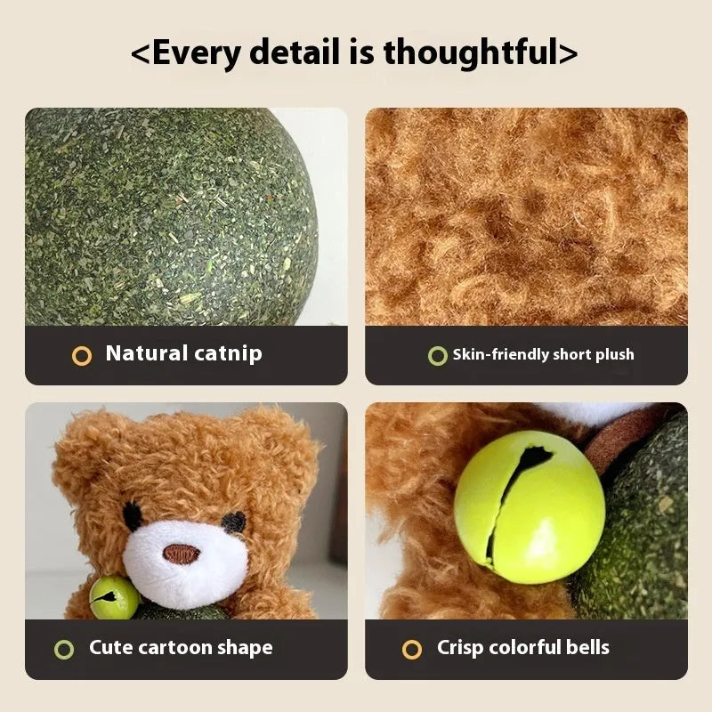 Brown bear catnip toy measuring 15cm tall with 4cm mint ball inside plush doll