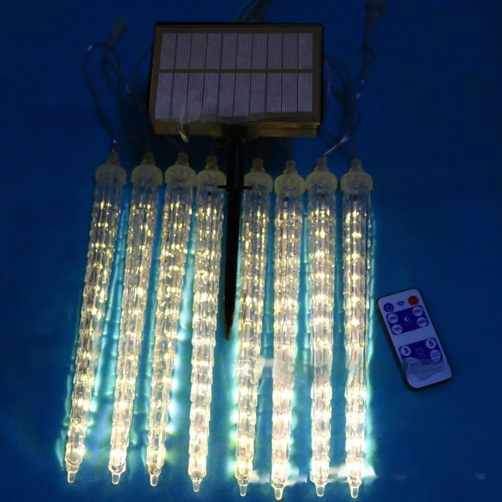 LED ice cone-shaped meteor shower garden light with remote control on a bracket.