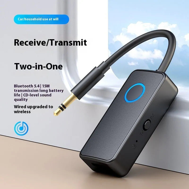 Black Bluetooth 5.4 audio adapter with flexible 3.5mm plug for wireless streaming to devices