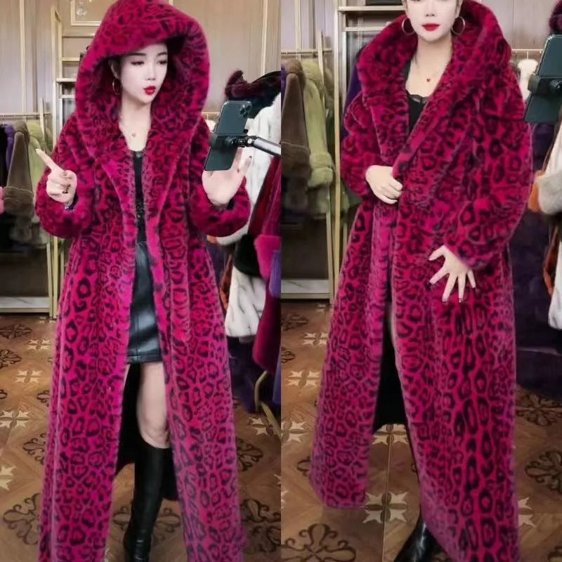 Loose plus size long leopard print faux fur coat in brown leopard print, showing 100cm length and regular sleeves.