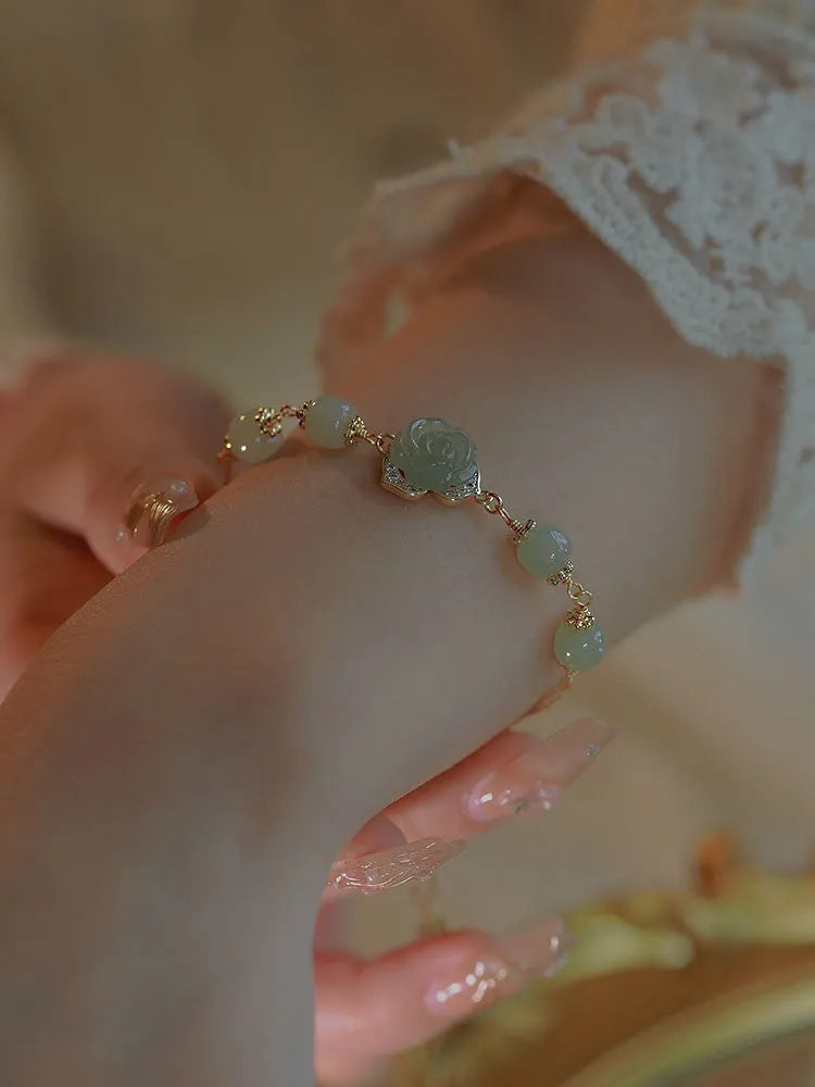 Women's bracelet with carved Hetian jade rose and 14K gold plating, literary style floral design