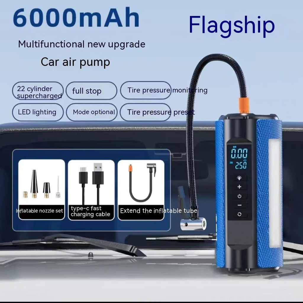 TS01L portable electric car tyre inflator with LED light and extended air hose on a grey background.