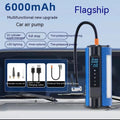 TS01L portable electric car tyre inflator with LED light and extended air hose on a grey background.