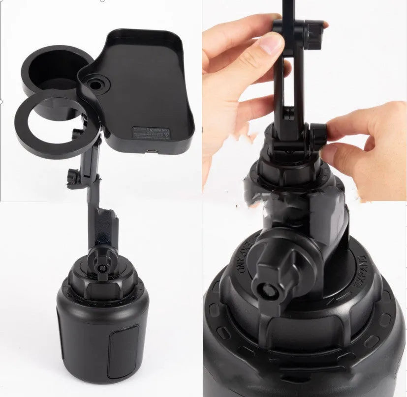Black car cup holder with wireless charging option, ABS and polyurethane, dashboard mount