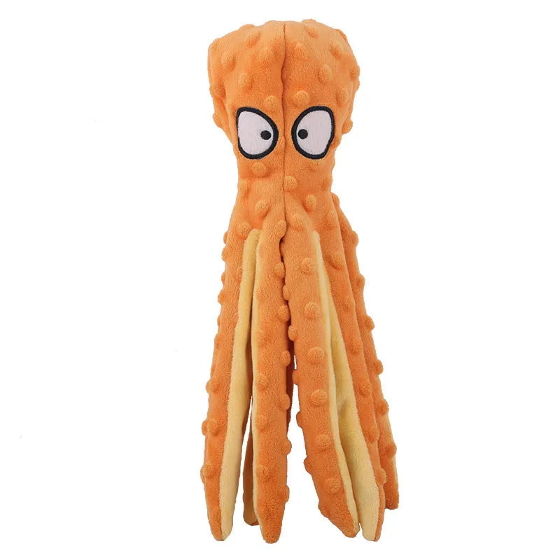 Blue octopus-shaped dog chew toy with crinkle paper and squeaker, no stuffing.