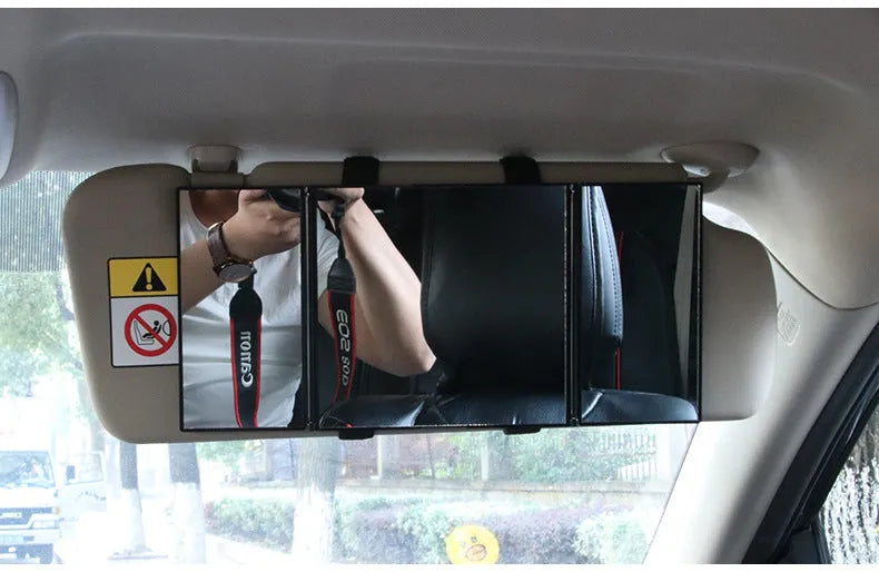 Silver car folding makeup mirror showing 15.5*14cm closed size and 30.5*14cm open dimensions