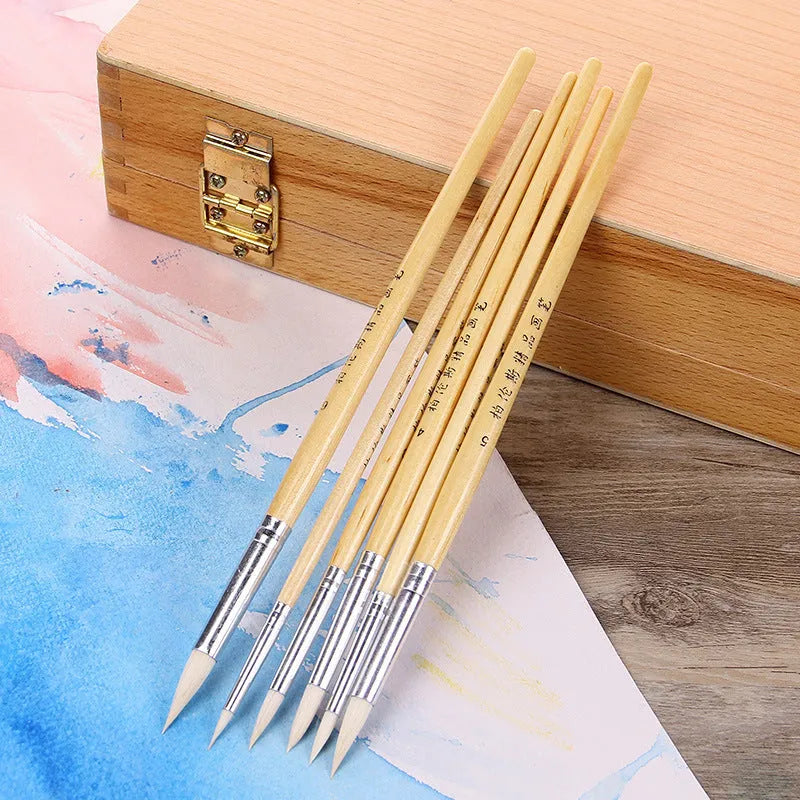 Artistic wool pointed wooden hook line pen brush suit with 6 pieces for calligraphy and illustration