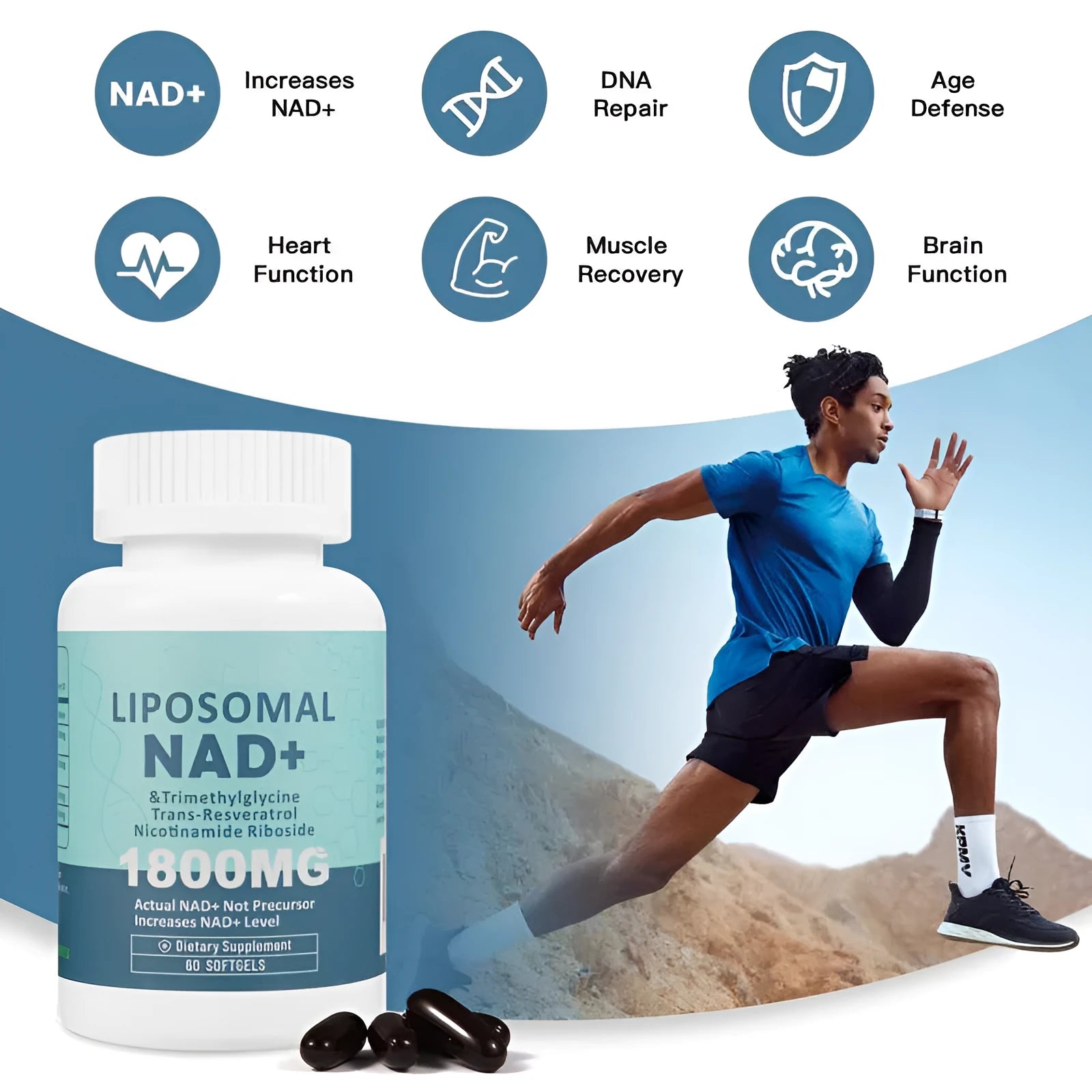 Bottle of NMN capsules with choice of 60 or 120 count and 24-month shelf life.