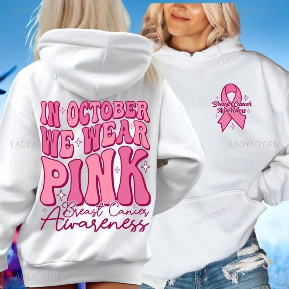 Breast cancer awareness hoodie with retro art hot stamping and side seam pockets in pink colour