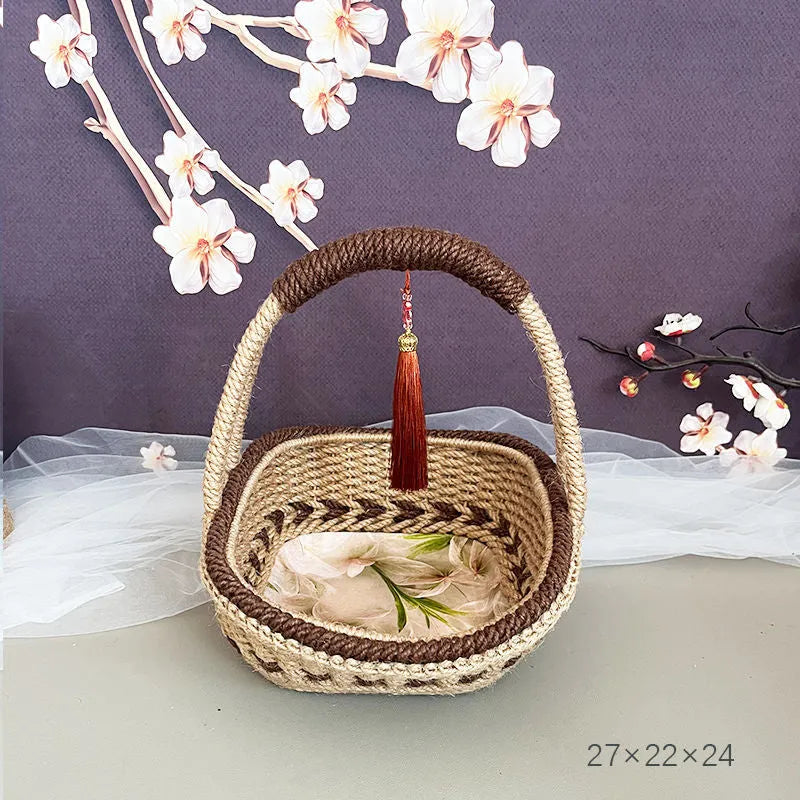 Hand-woven hemp rope basket in coffee brown measuring 19cm by 12cm with natural straw texture